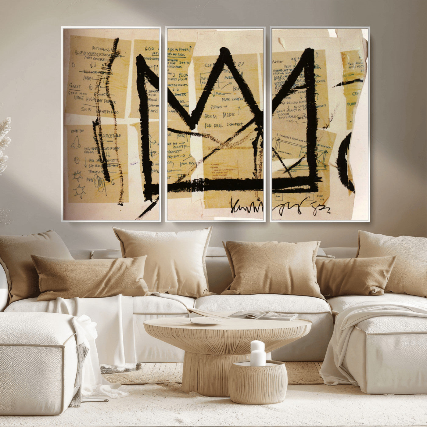 37215-MGV-FC-48X32-3P_White-Abstract Crown Wall Art – Urban Graffiti Style Canvas Print Modern Street Art Design, Bold Contemporary Decor for Living Room,