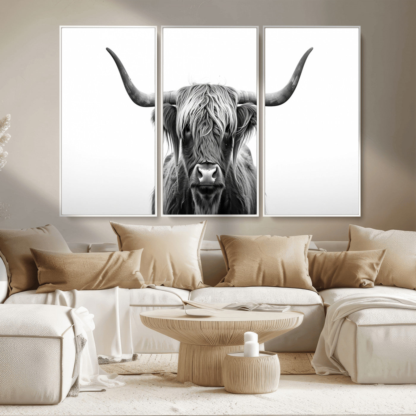 49556-MGV-CV-36X24-Highland Cow Wall Art – Black and White Scottish Highland Cattle Print, Rustic Farmhouse Minimalist Animal Portrait Canvas for