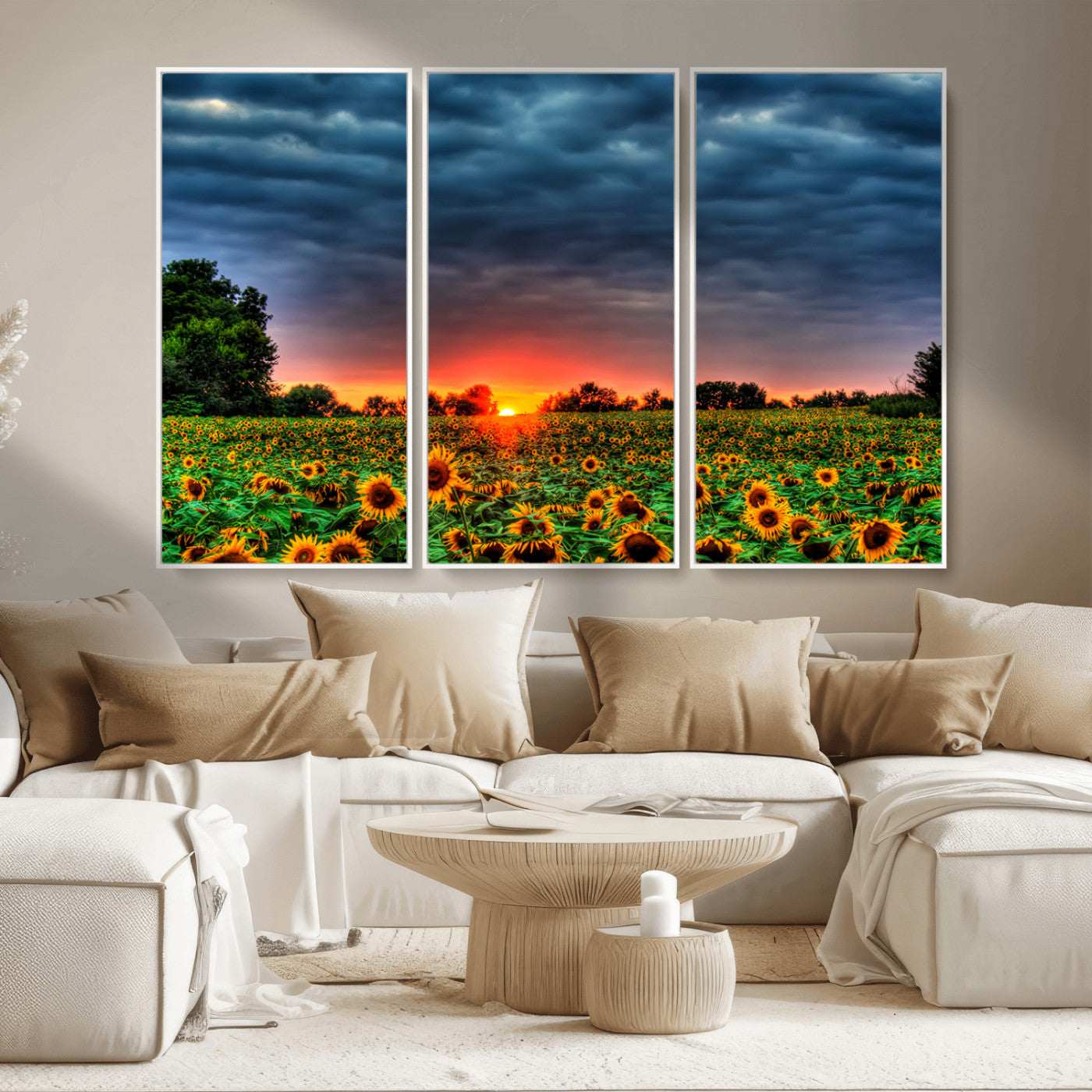 45045-MGV-CV-36X24-Sunflower Field Sunset Wall Art – Dramatic Stormy Sky Landscape Print, Vibrant Yellow Floral Nature Canvas for Living Room,