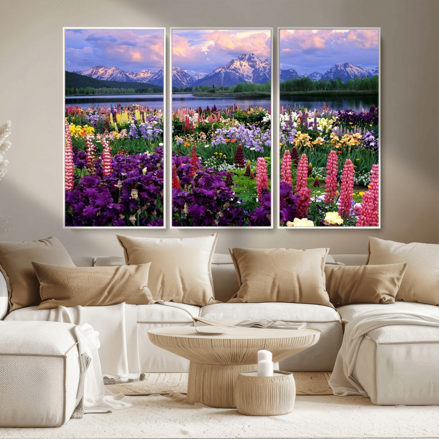 82270-MGV-CV-36X24-Colorful Wildflower Meadow Landscape Wall Art – Snow-Capped Mountain Lake Sunset Print, Vibrant Nature Artwork for Living Room,