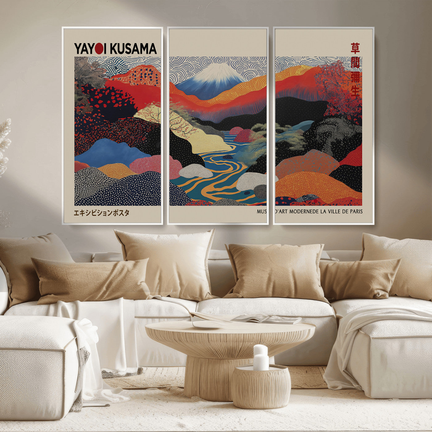 49228-MGV-FC-93X47-3P_Black-Kusama Wall Art – Vibrant Japanese Landscape Canvas Print, Modern Abstract Mountain and River Decor for Living Room, Office or Art