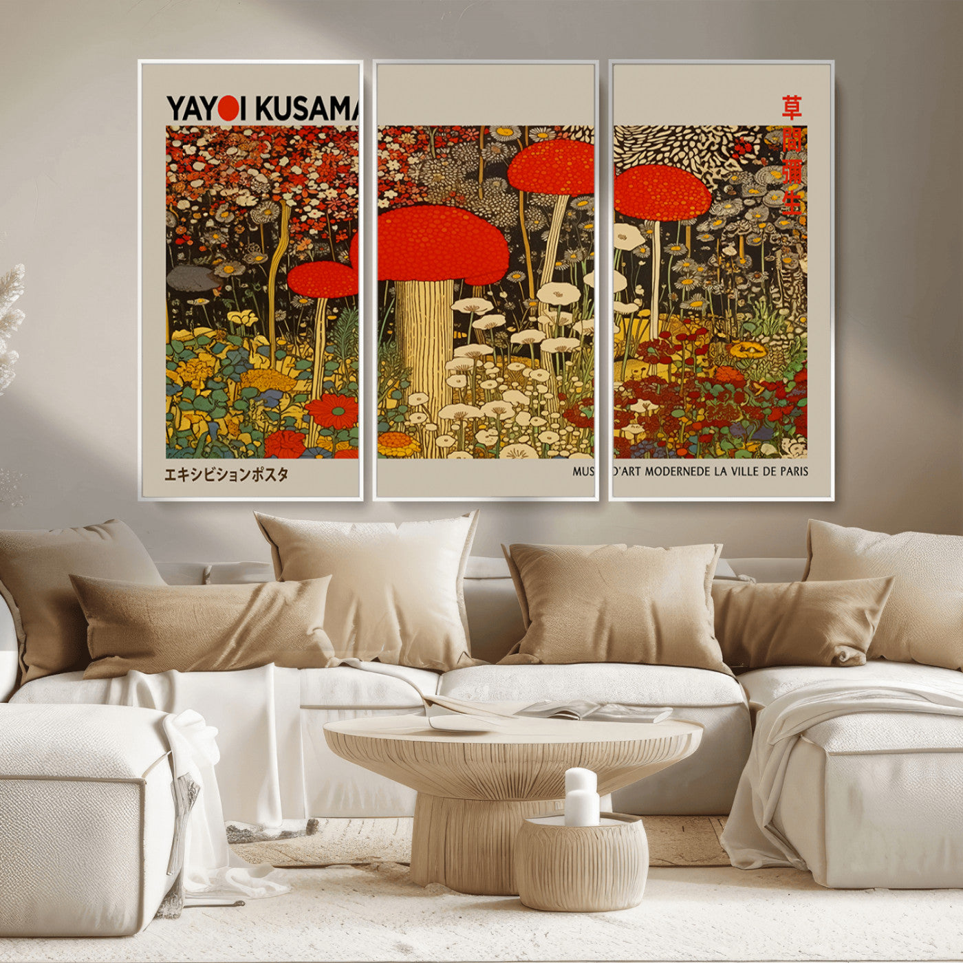 38013-MGV-CV-36X24-Yayoi Kusama Inspired Mushroom Garden Wall Art – Whimsical Botanical Canvas Print, Surreal Nature Poster, Fantasy Floral Artwork