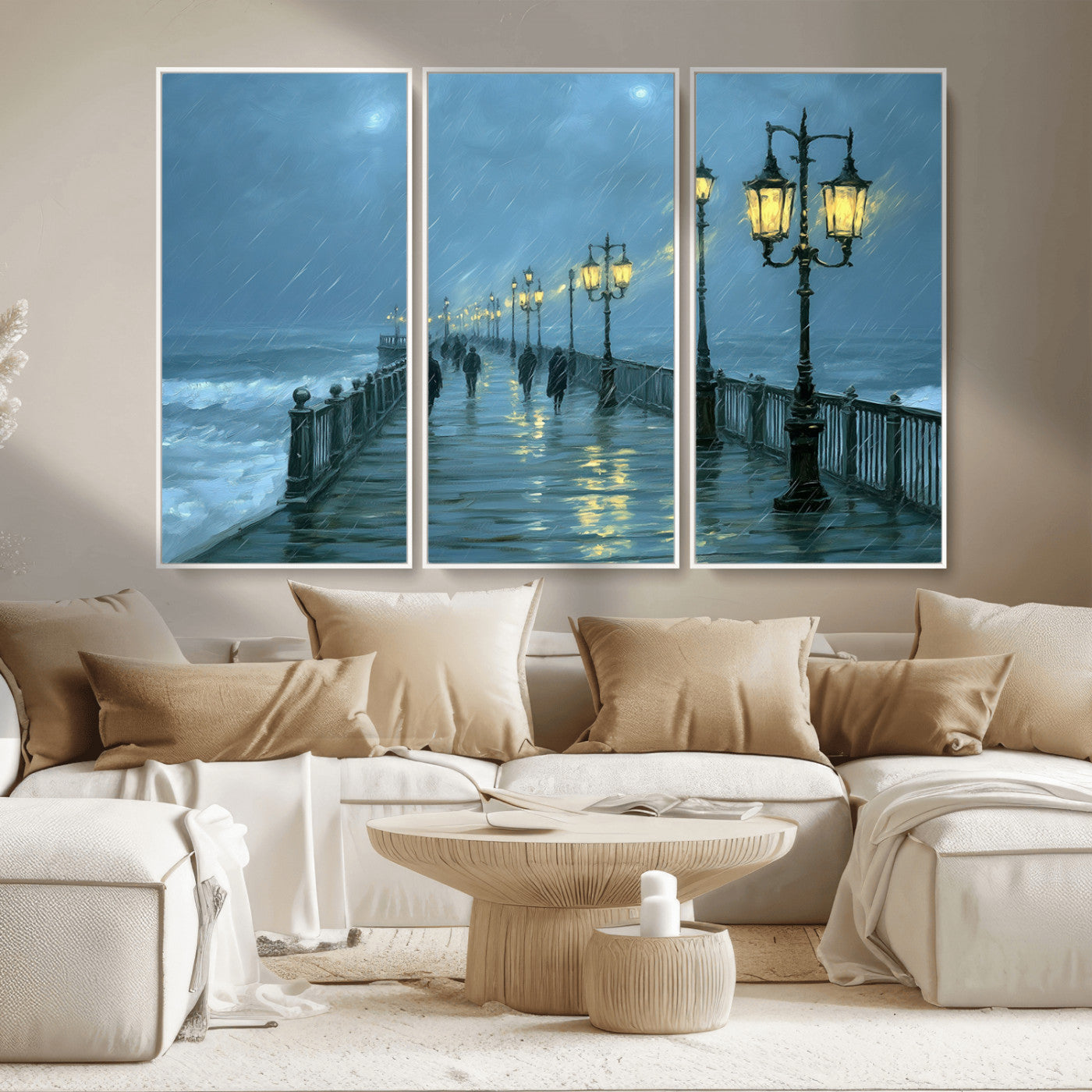 79606-MGV-CV-36X24-Rainy Pier Night Wall Art – Ocean Waves and Street Lamps Canvas Print, Moody Seascape Oil Painting Poster for Living Room,