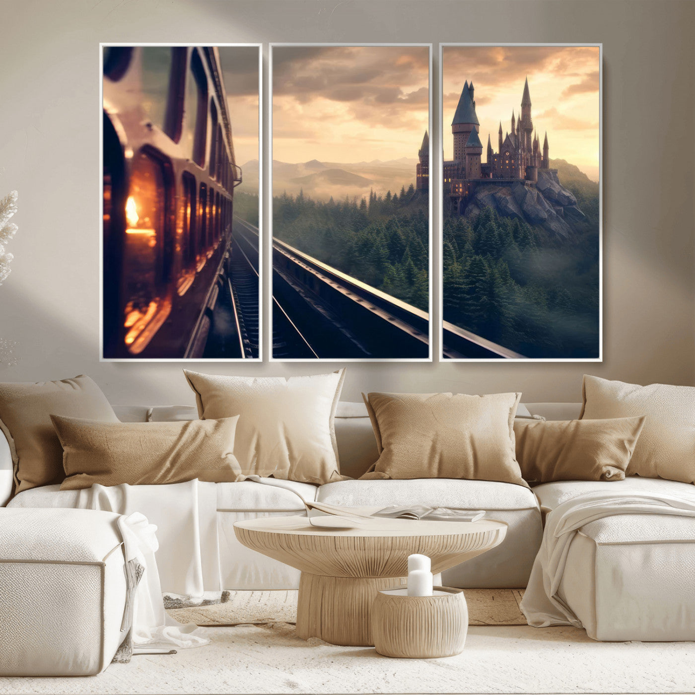 84029-MGV-CV-36X24-Fantasy Castle Wall Art – Magical Train Sunset Forest Canvas Print, Enchanted Landscape Painting Poster for Living Room, Bedroom,