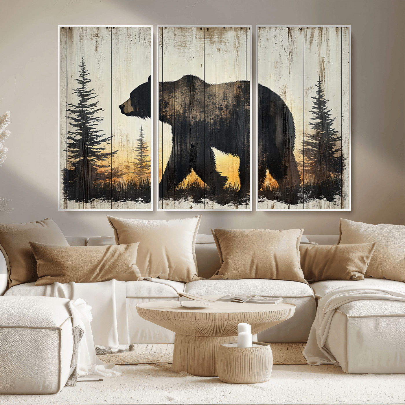83875-MGV-CV-36X24-Sunset Bear Wall Art – Rustic Wildlife Canvas Print with Forest Silhouette, Cabin Lodge Decor for Living Room or Office