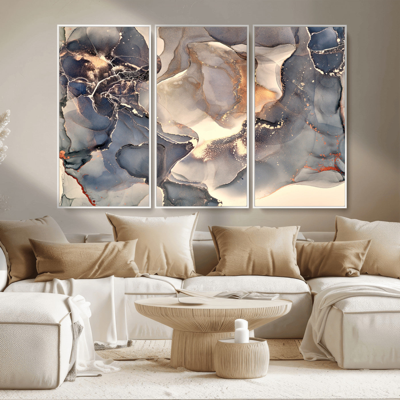 18202-MGV-CV-36X24-Abstract Neutral Wall Art – Blue, Beige and Gold Fluid Ink Canvas Print, Modern Minimalist Painting for Living Room, Office