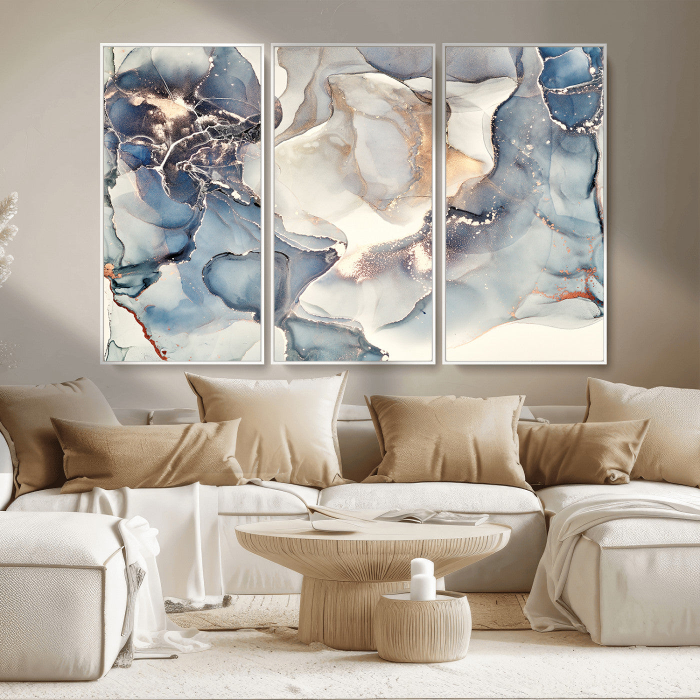 51497-MGV-CV-36X24-Abstract Blue and Gold Wall Art – Modern Fluid Ink Style Canvas Print, Elegant Contemporary Decor for Living Room, Office