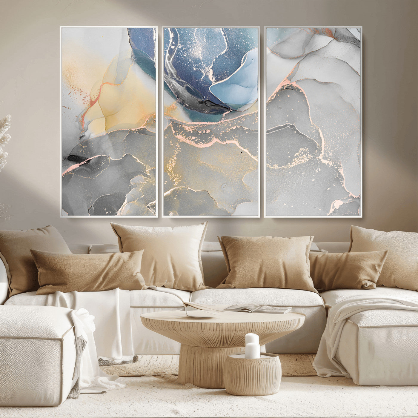 18176-MGV-CV-36X24-Abstract Fluid Wall Art – Modern Marble Ink Canvas Print with Blue, Gold, and Gray Tones, Contemporary Minimal Artwork Decor for