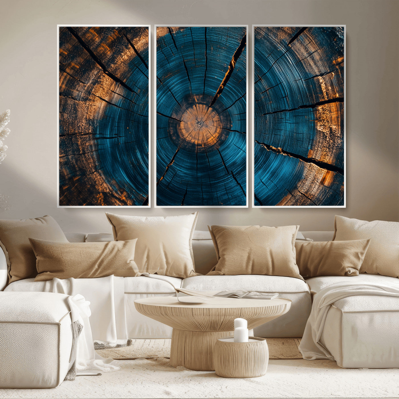 13398-MGV-CV-36X24-Tree Ring Wall Art – Abstract Wood Grain Canvas Print with Blue and Orange Accents, Rustic Nature Inspired Artwork for Living