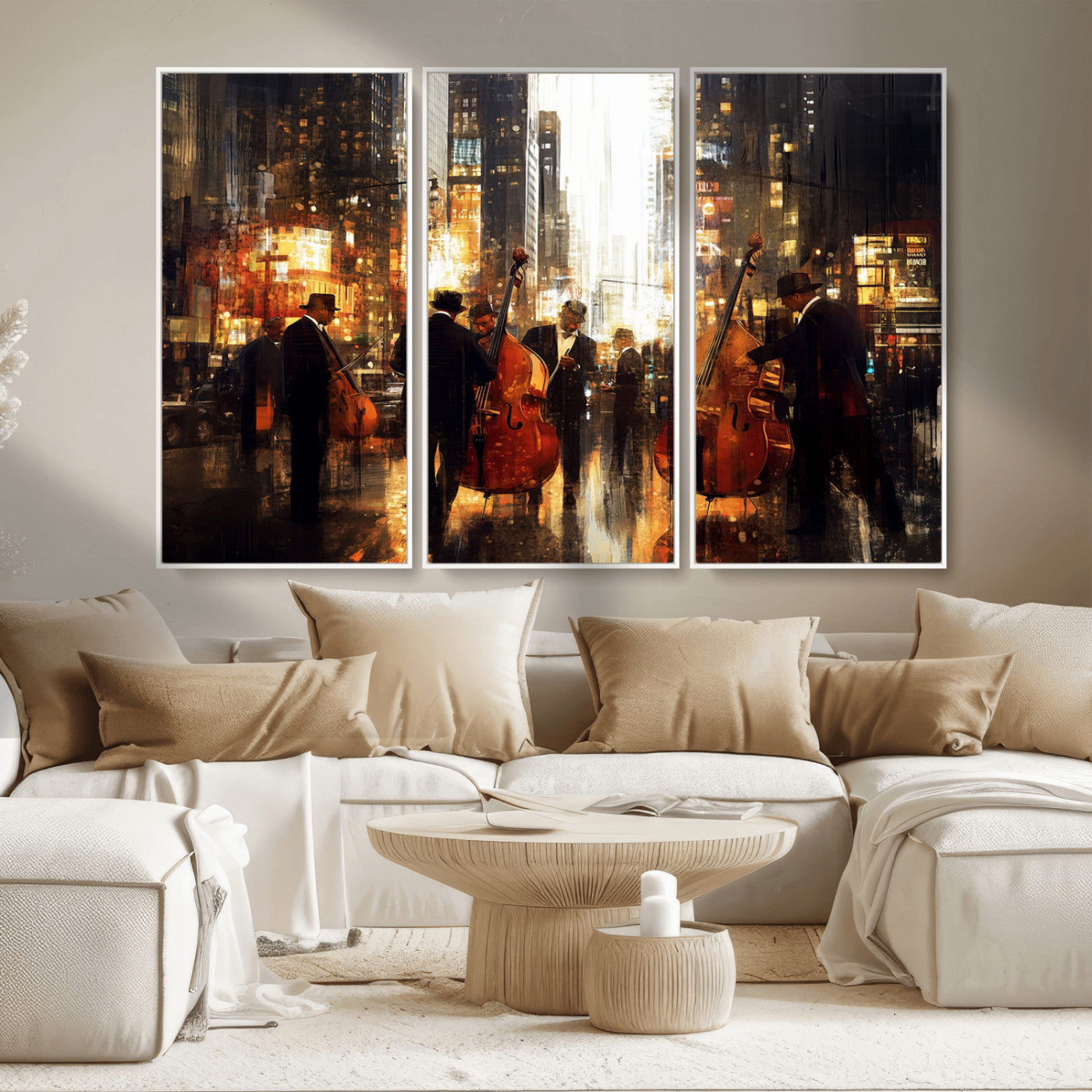 58782-MGV-CV-36X24-Jazz Musicians Cityscape Wall Art – Vibrant Urban Night Canvas Print, Elegant Music Themed Decor for Living Room, Office, or Music
