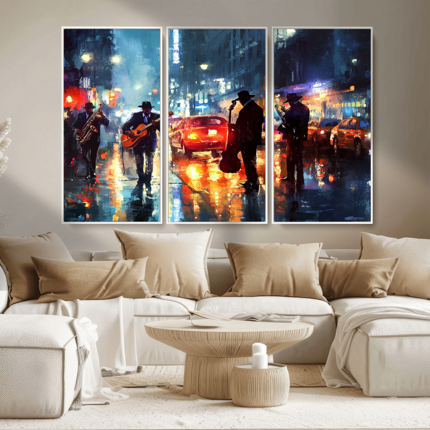 94605-MGV-CV-36X24-City Jazz Night Wall Art – Vibrant Music Canvas Print Featuring Saxophone, Guitar and Bass Players, Urban Street Scene Artwork for