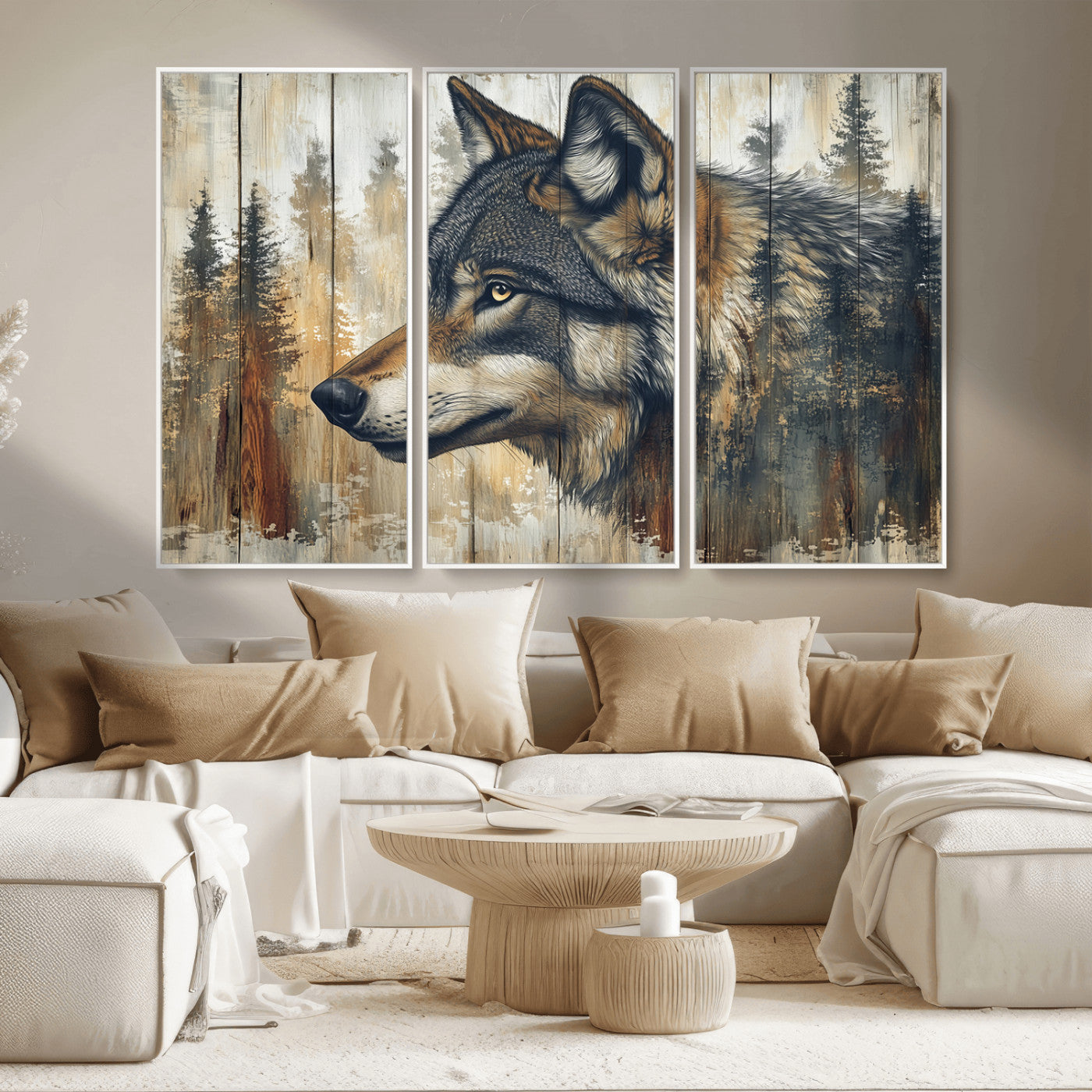 91882-MGV-CV-36X24-Wolf Wall Art – Rustic Canvas Print of Forest Wolf on Wood Background, Wildlife Lodge Artwork for Living Room, Bedroom, Cabin, or