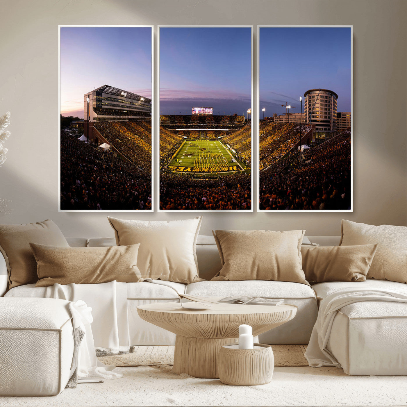 82557-MGV-CV-36X24-College Football Stadium Wall Art – Panoramic Sunset Canvas Print with Marching Band and Game Day Crowd, Sports Artwork for Man