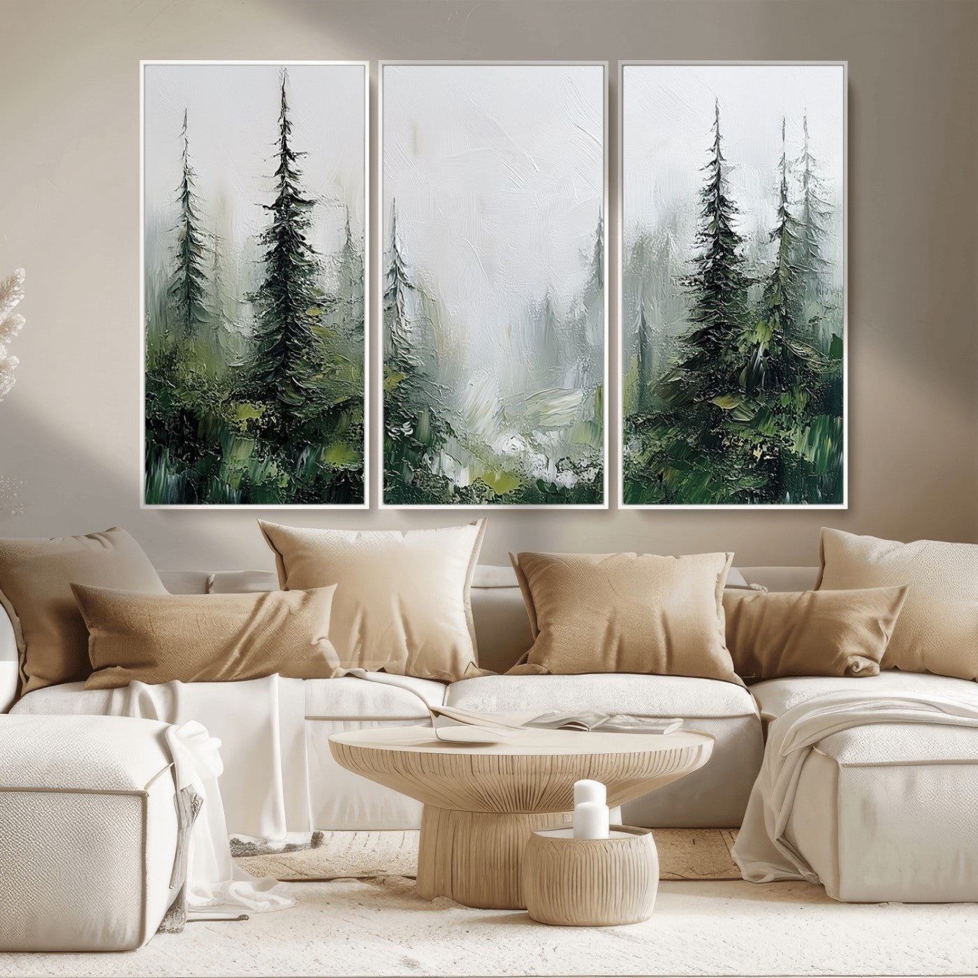 76014-MGV-CV-36X24-Forest Wall Art – Textured Canvas Print Featuring Misty Evergreen Pines and Woodland Landscape, Rustic Nature Artwork for Living