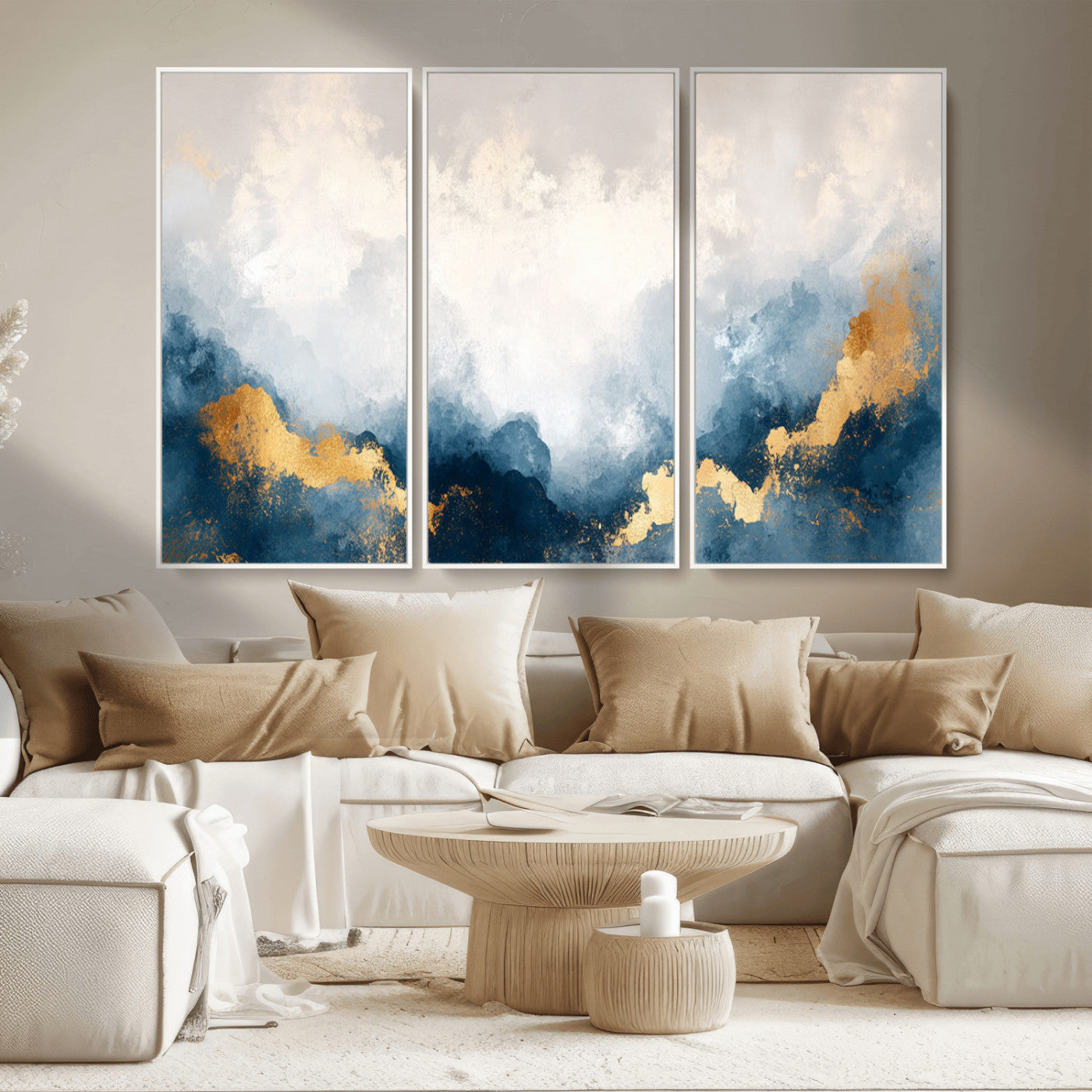 14578-MGV-CV-36X24-Abstract Wall Art – Modern Canvas Print Featuring Blue and White Clouds with Golden Accents, Contemporary Elegant Artwork for