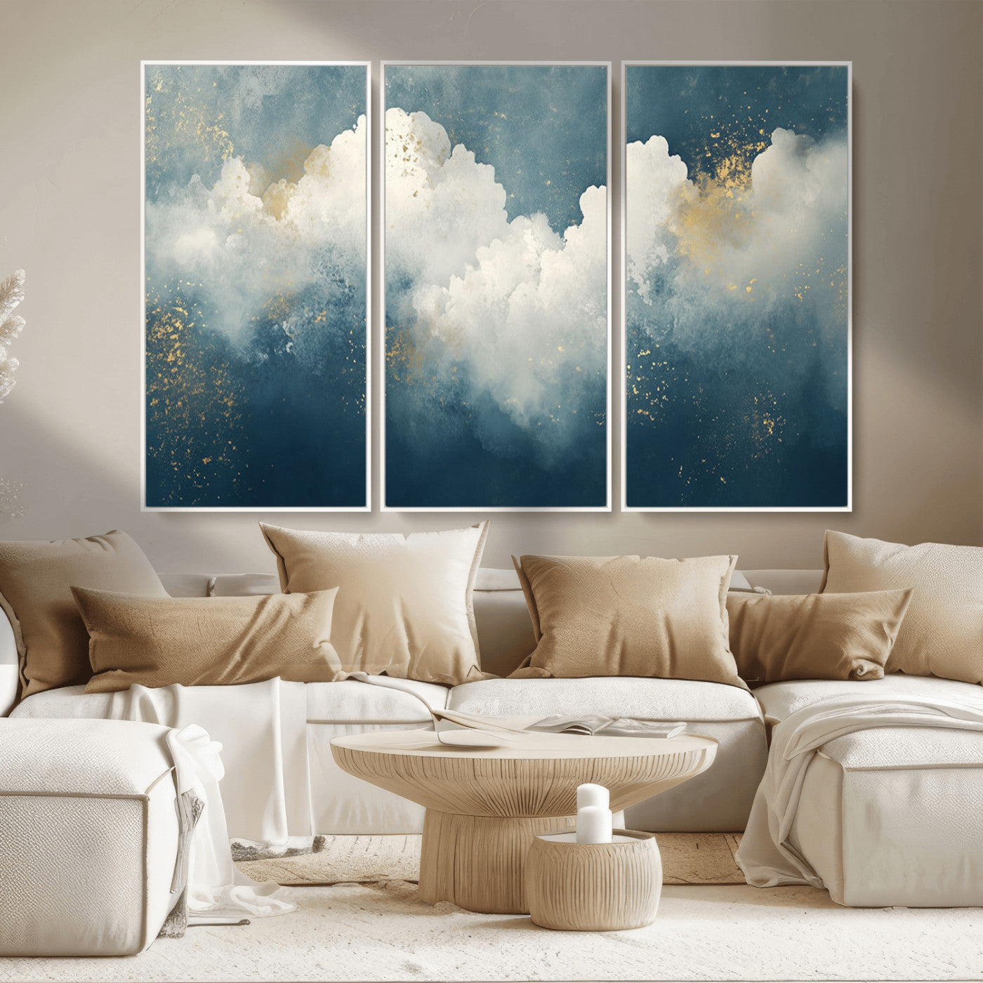 75131-MGV-FC-48X32-3P_White-Abstract Cloud Wall Art – Modern Canvas Print Featuring Blue and White Clouds with Golden Accents, Contemporary Artwork for Living