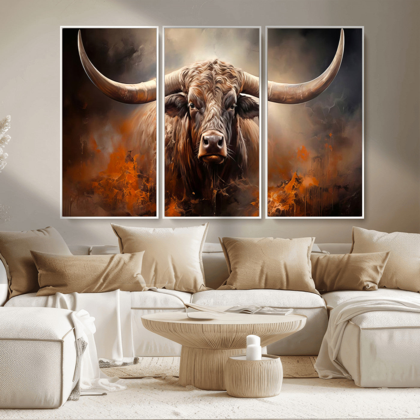 240479-MGV-CV-36X24-Longhorn Bull Wall Art – Dramatic Western Canvas Print Featuring Horned Bull with Fiery Background, Rustic Farmhouse Artwork for