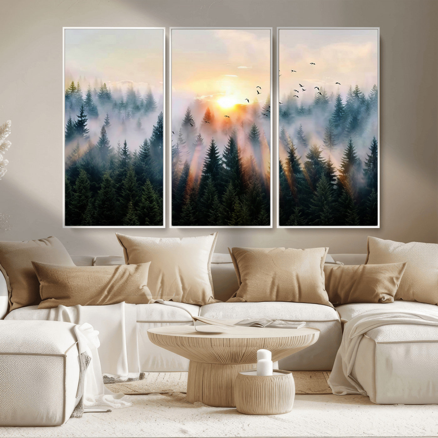 56391411-MGV-FC-48X32-3P_White-Misty Forest Wall Art Canvas Print, Framed Sunrise Pines Art Picture Print, Moody Pines Perfect Serene Woodland Decor Artwork