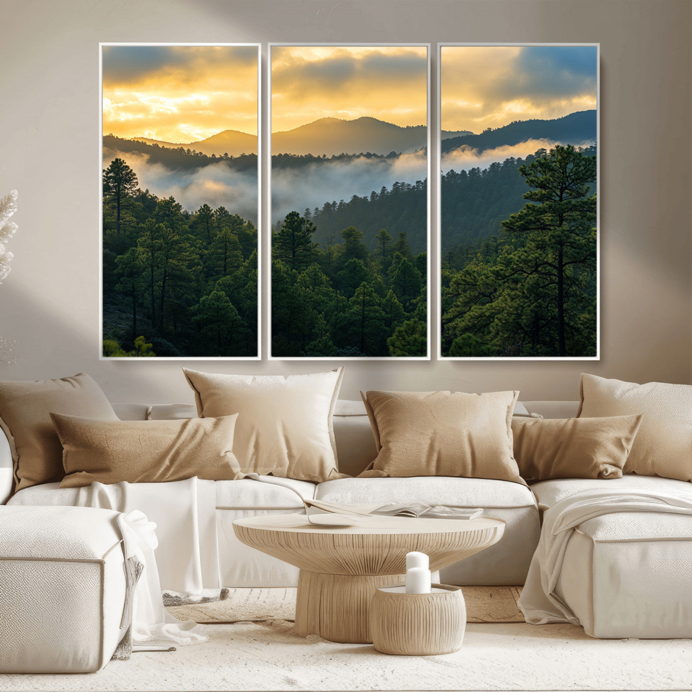 68082278-MGV-CV-36X24-Mountain Sunrise Wall Art Canvas Print, Framed Pine Forest Art Picture Print, Misty Mountains Perfect Earthy Woodland Decor