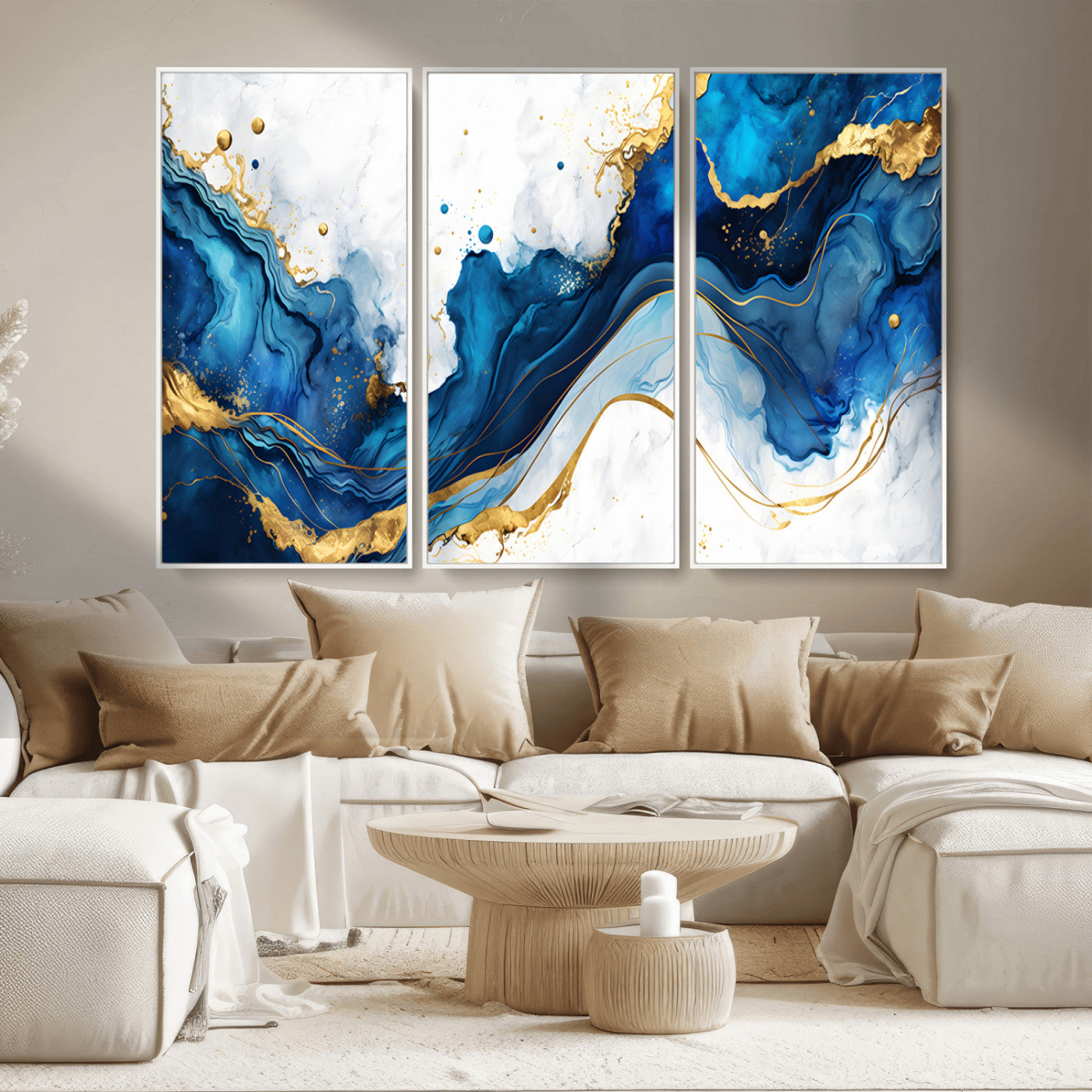 33506371-MGV-CV-36X24-Blue Marble Wall Art Canvas Print, Framed Gold Splash Art Picture Print, Abstract Wave Perfect Modern Luxe Decor Artwork