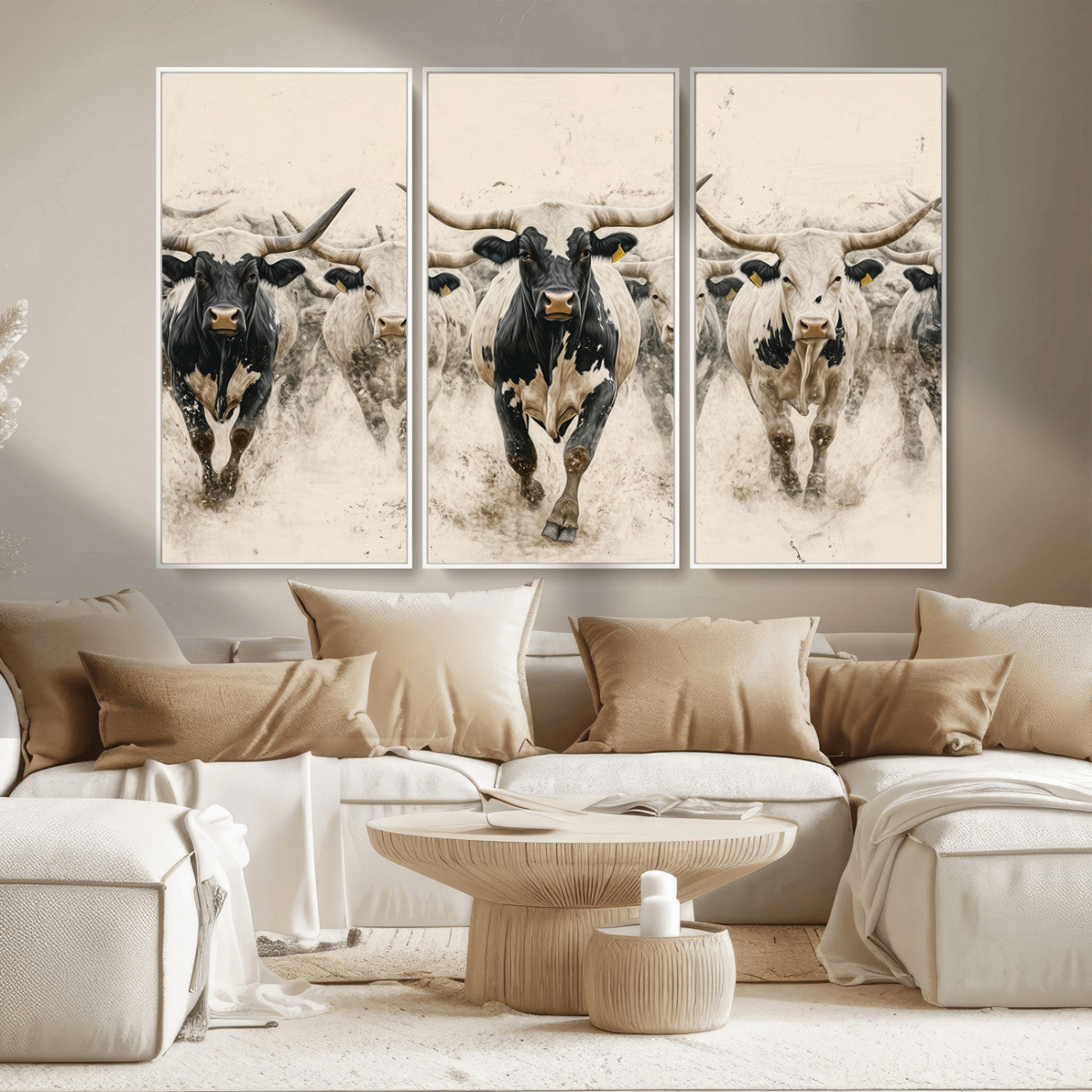 61538944-MGV-CV-36X24-Texas Longhorn Wall Art Canvas Print, Framed Cattles Walking Art Picture Print, Black White Bulls Perfect Rustic Western Decor
