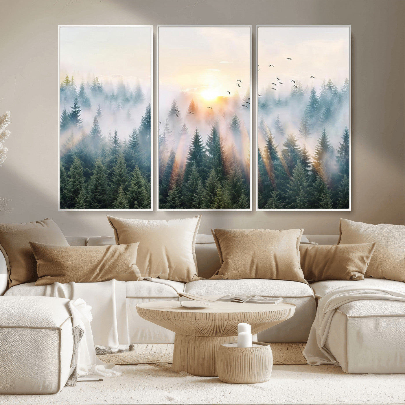 92718976-MGV-CV-36X24-Misty Forest Wall Art Canvas Print, Framed Sunrise Pines Art Picture Print, Foggy Woodland Perfect Moody Woodland Decor Artwork