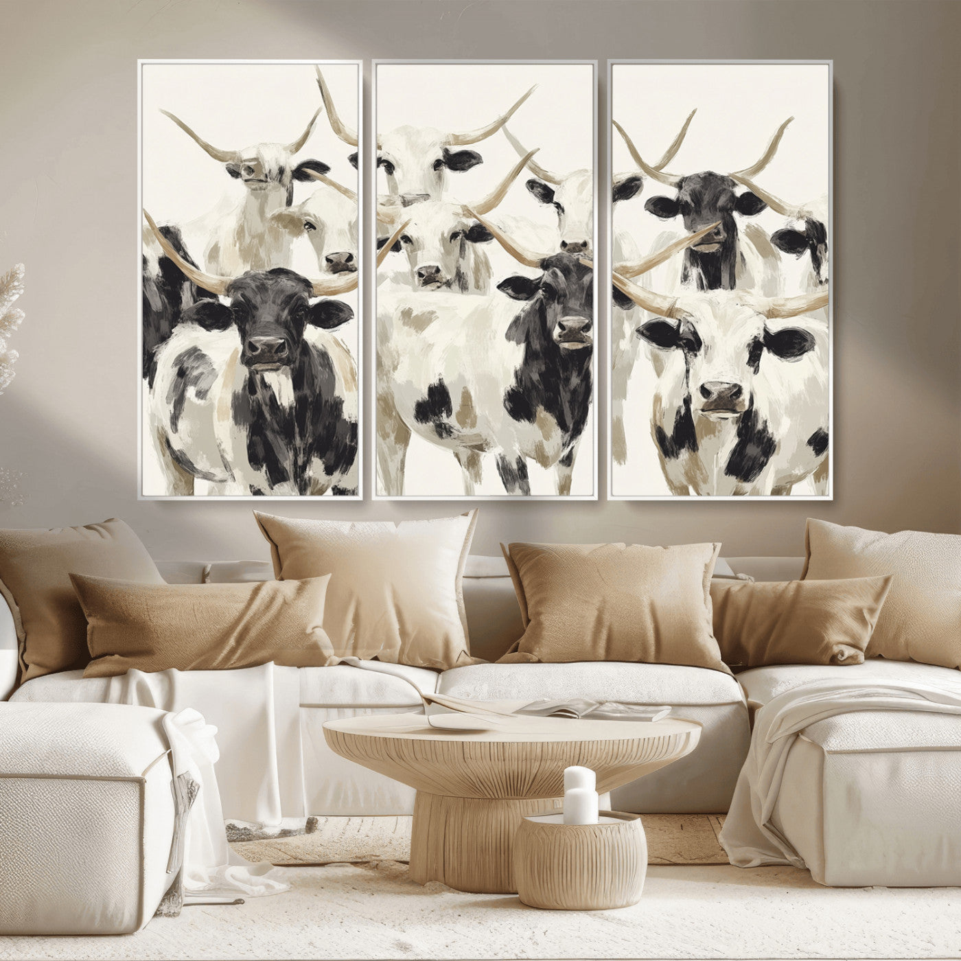 52947970-MGV-CV-36X24-Texas Longhorn Wall Art Canvas Print, Framed Cattle Herd Art Picture Print, Herd Portrait Perfect Modern Farmhouse Decor Artwork