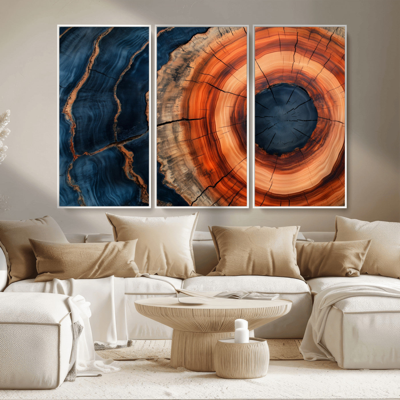 41123192-MGV-FC-48X32-3P_White-Tree Ring Canvas Wall Art – Abstract Blue Orange Wood Grain Print, Rustic Modern Nature Artwork for Living Room, Bedroom, Office