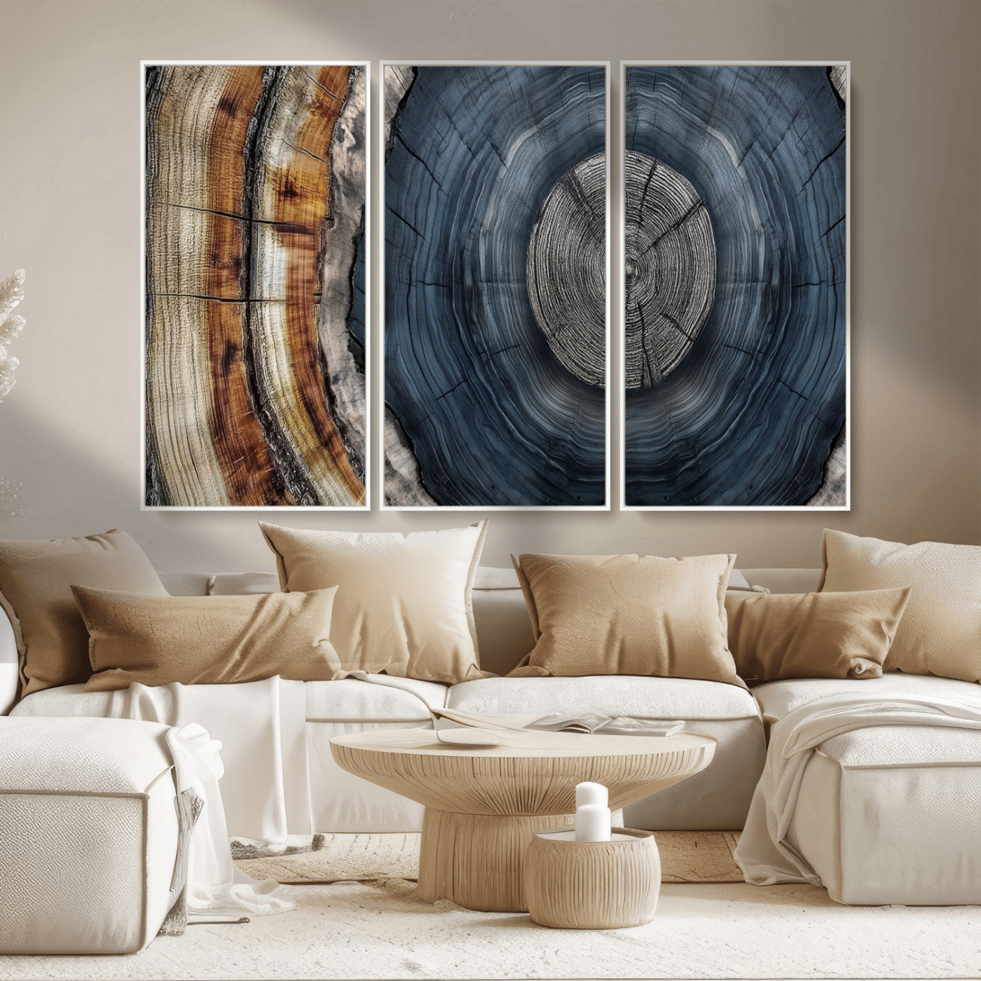 91368647-MGV-CV-36X24-Smoky Blue Tree Ring Wall Art – Rustic Wood Cross Section Canvas Print, Modern Nature Inspired Decor for Living Room, Office, or
