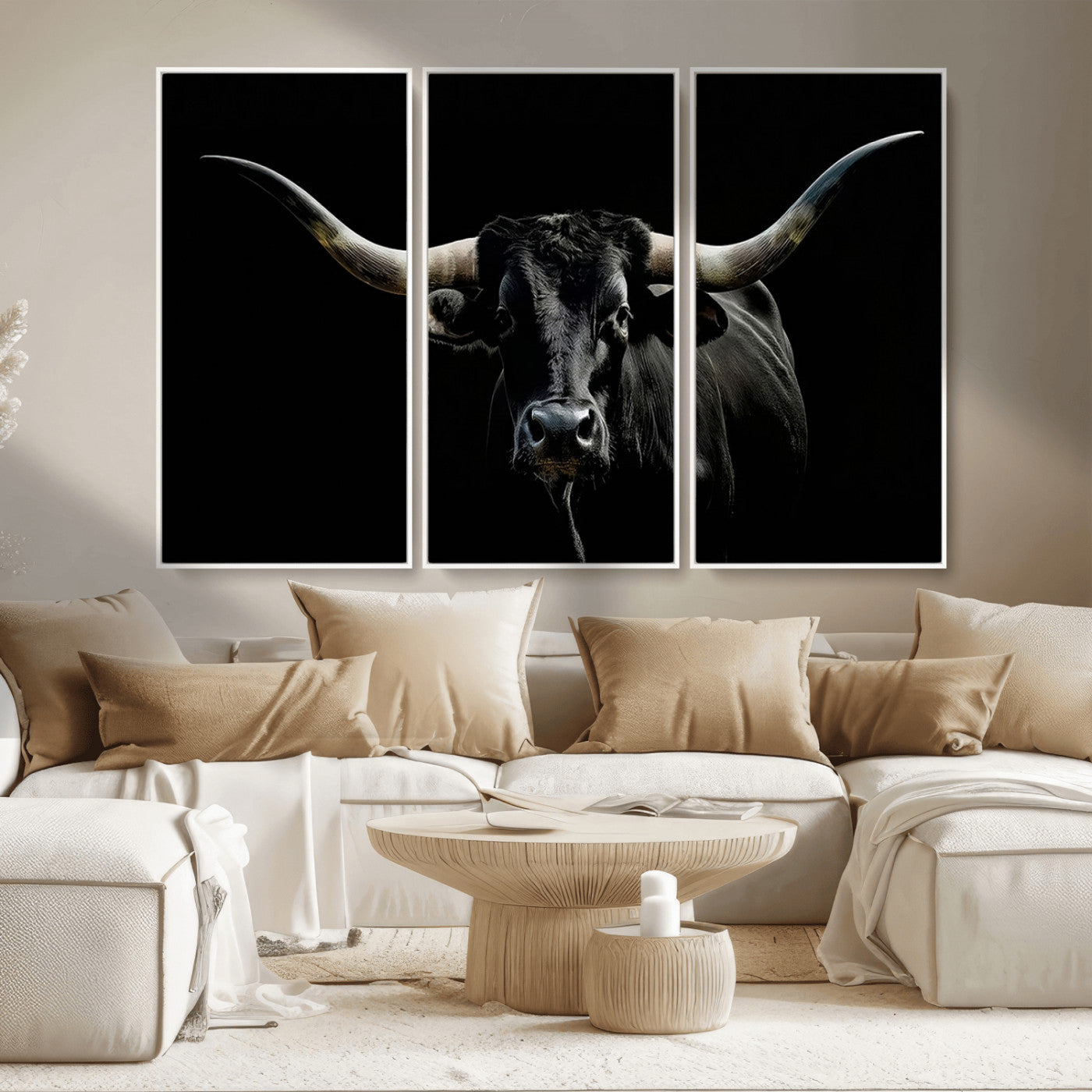 37531960-MGV-CV-36X24-Black Longhorn Bull Wall Art – Dramatic Western Cattle Canvas Print, Rustic Farmhouse Animal Artwork for Living Room, Bedroom,