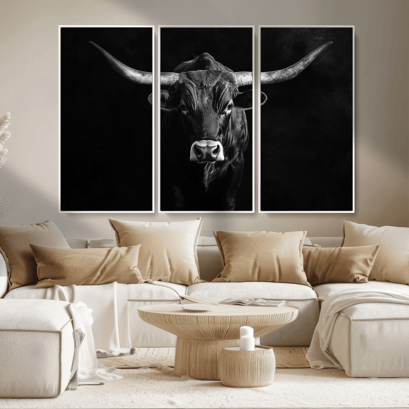 42077175-MGV-CV-36X24-Texas Longhorn Wall Art Canvas Print, Framed Monochrome Bull Art Picture Print, Horned Bull Perfect Rustic Western Decor Artwork