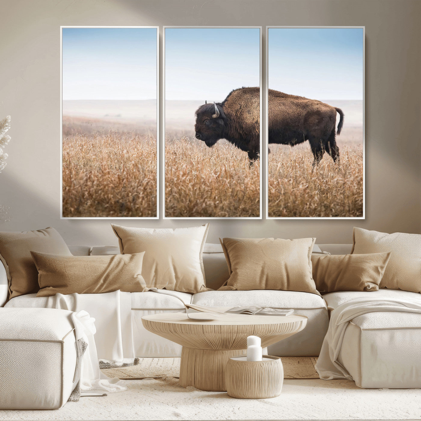 91267849-MGV-CV-36X24-Wild Bison Wall Art Canvas Print, Framed Bison in Prairie Art Picture Print, Rustic Western Perfect Rustic Western Decor Artwork
