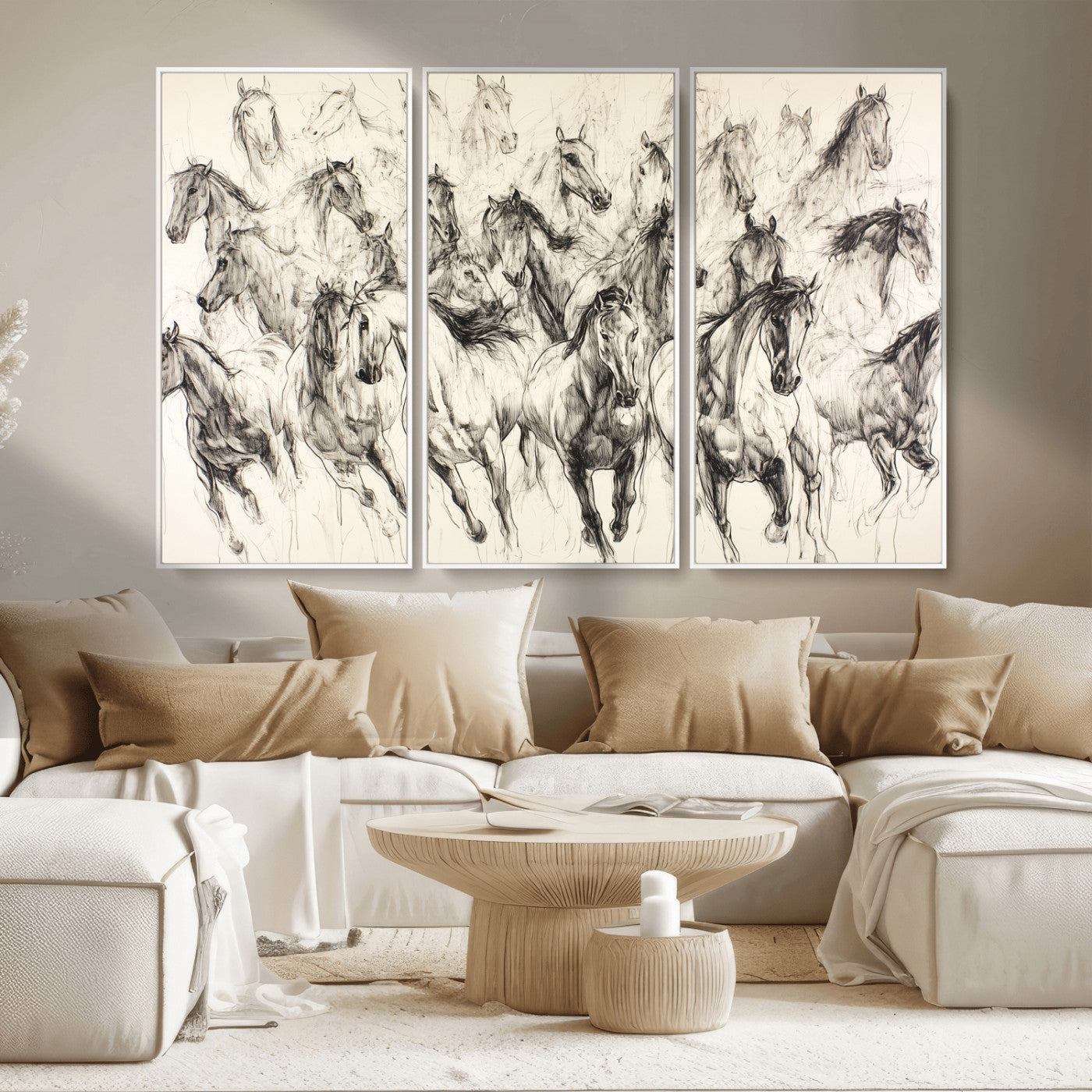 19433417-MGV-CV-36X24-Running Horses Wall Art Canvas Print, Framed Horse Sketch Art Picture Print, Galloping Herd Perfect Monochrome Western Decor