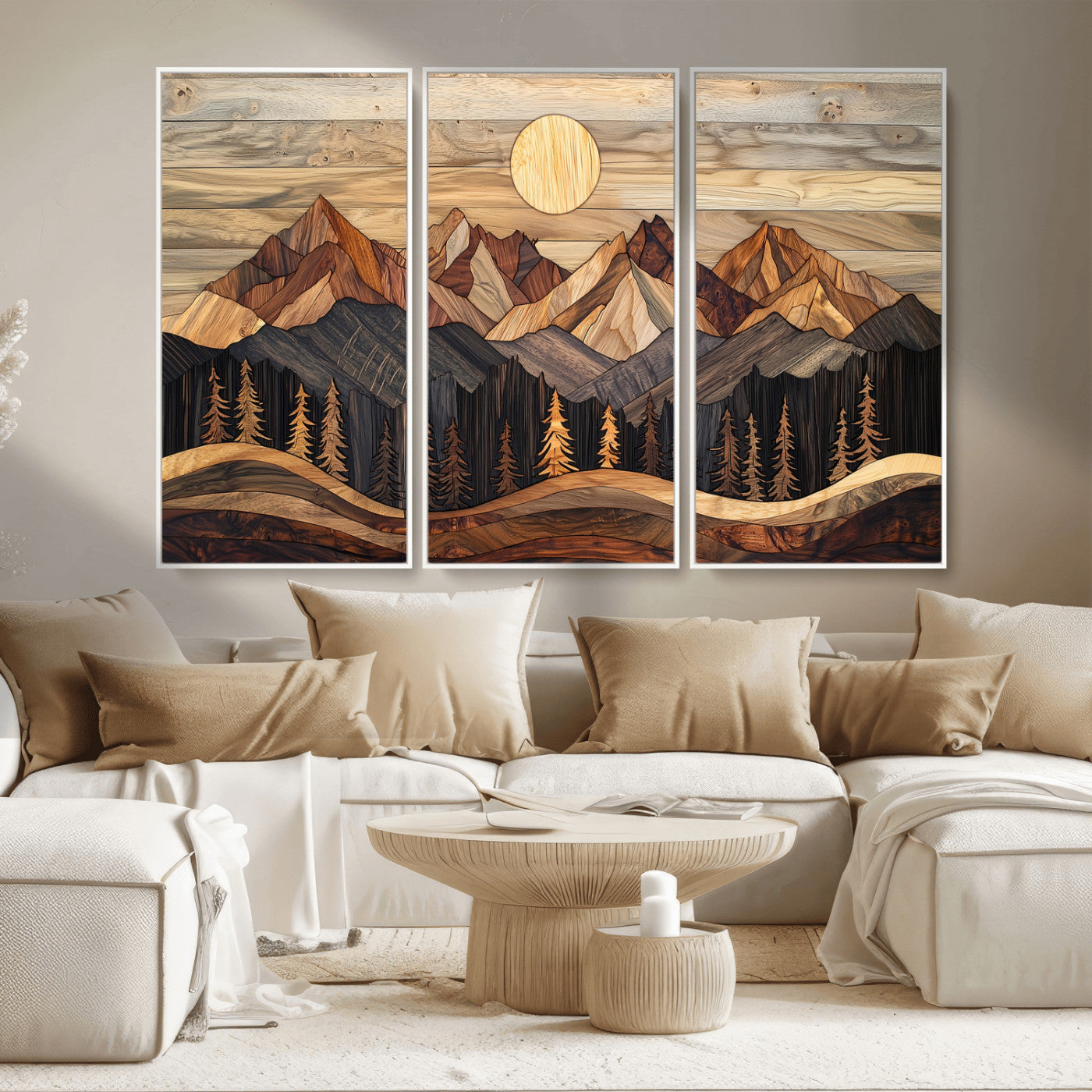 50100230-MGV-CV-36X24-Wooden Mountain Wall Art – Rustic Nature Landscape Canvas Print, Handmade Style Sun, Forest, and Peaks Artwork for Living Room,
