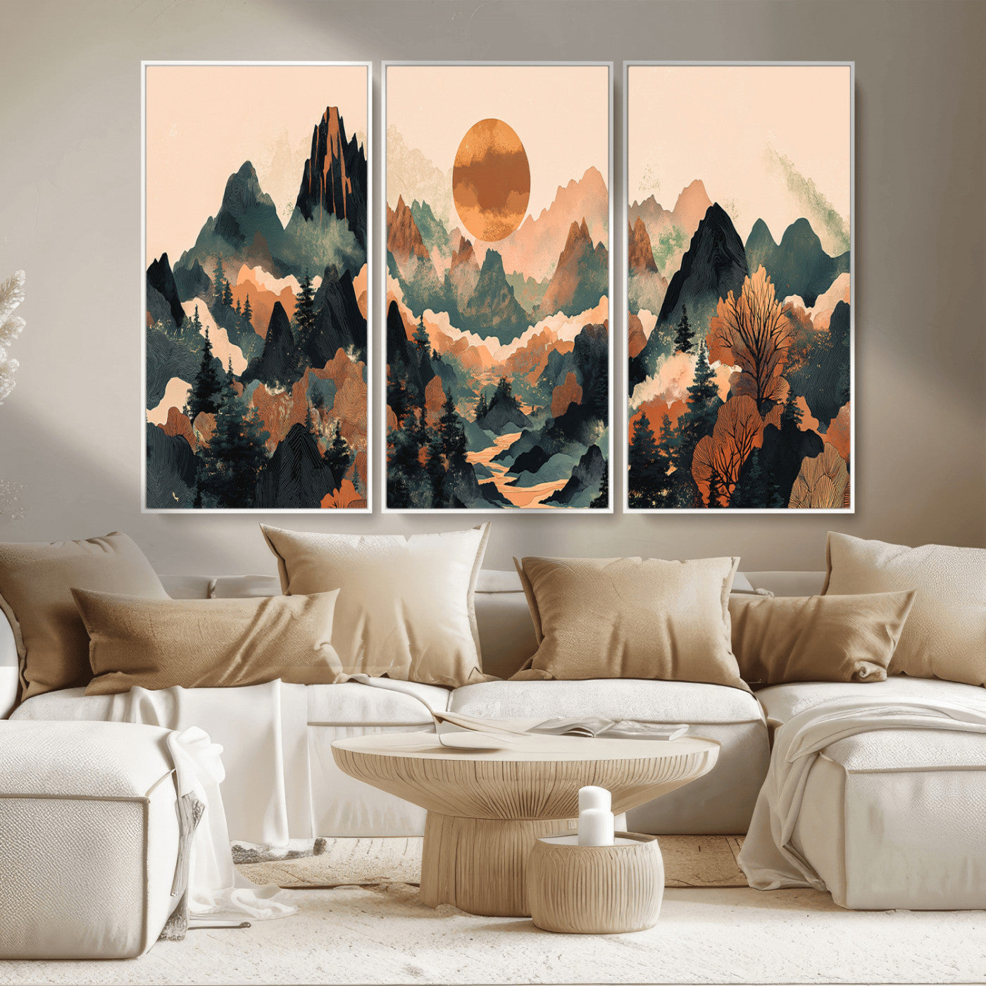 13012770-MGV-CV-36X24-Mountain Landscape Wall Art – Modern Nature Canvas Print with Sun, Misty Peaks, and Forest in Orange and Green Tones for Living
