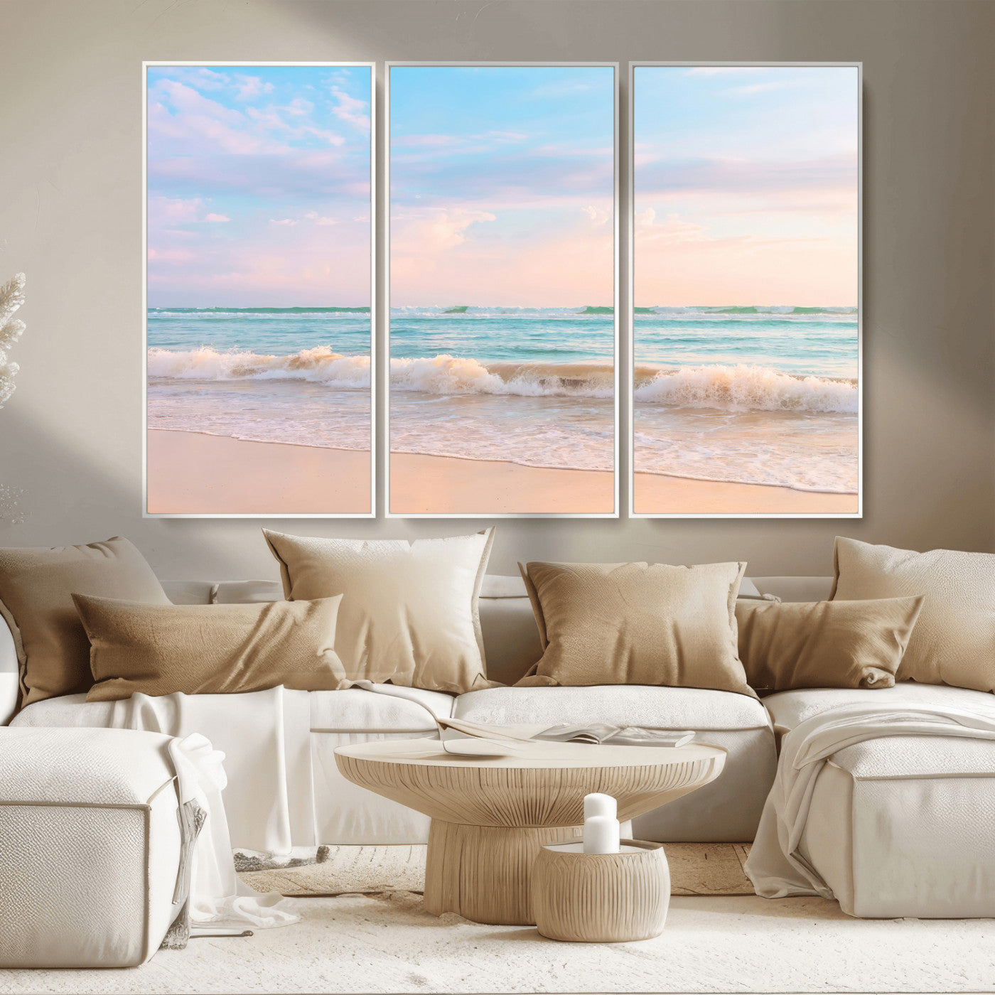 74679437-MGV-CV-36X24-Pastel Ocean Wall Art Canvas Print, Framed Beach Waves Art Picture Print, Soft Sunset Perfect Pastel Coastal Decor Artwork