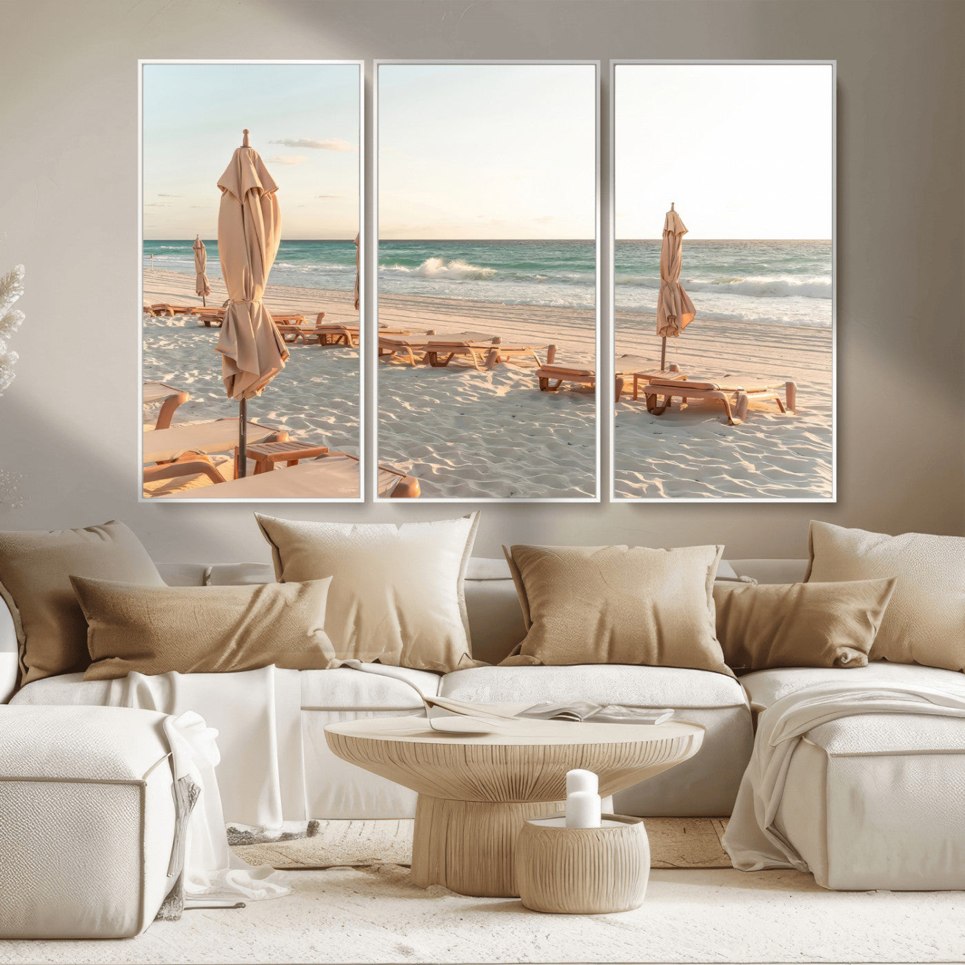 58507949-MGV-CV-36X24-Beach Umbrellas Wall Art Canvas Print, Framed Empty Loungers Art Picture Print, Soft Sand Perfect Minimalist Seaside Decor Artwork