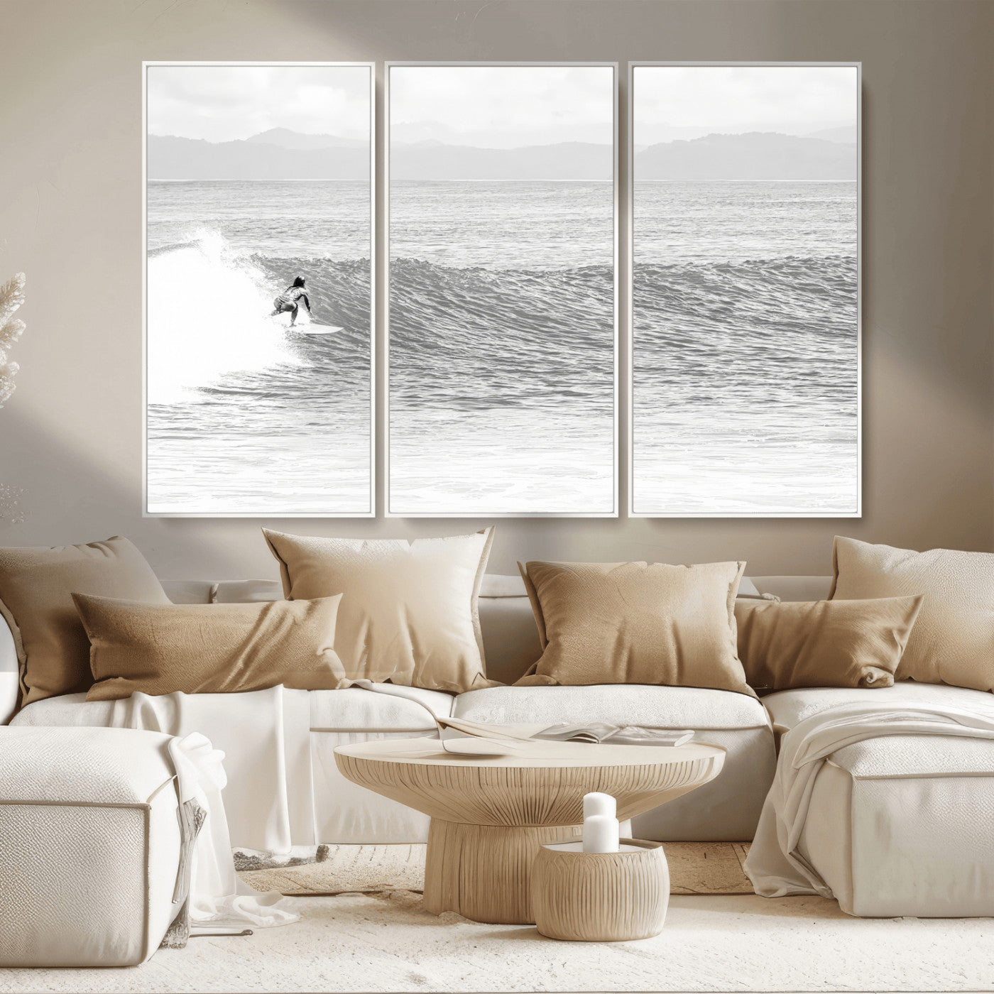 81535128-MGV-CV-36X24-Surfer Woman Wall Art Canvas Print, Framed Black Ocean Art Picture Print, Ocean Surfing Perfect Monochrome Coastal Decor Artwork