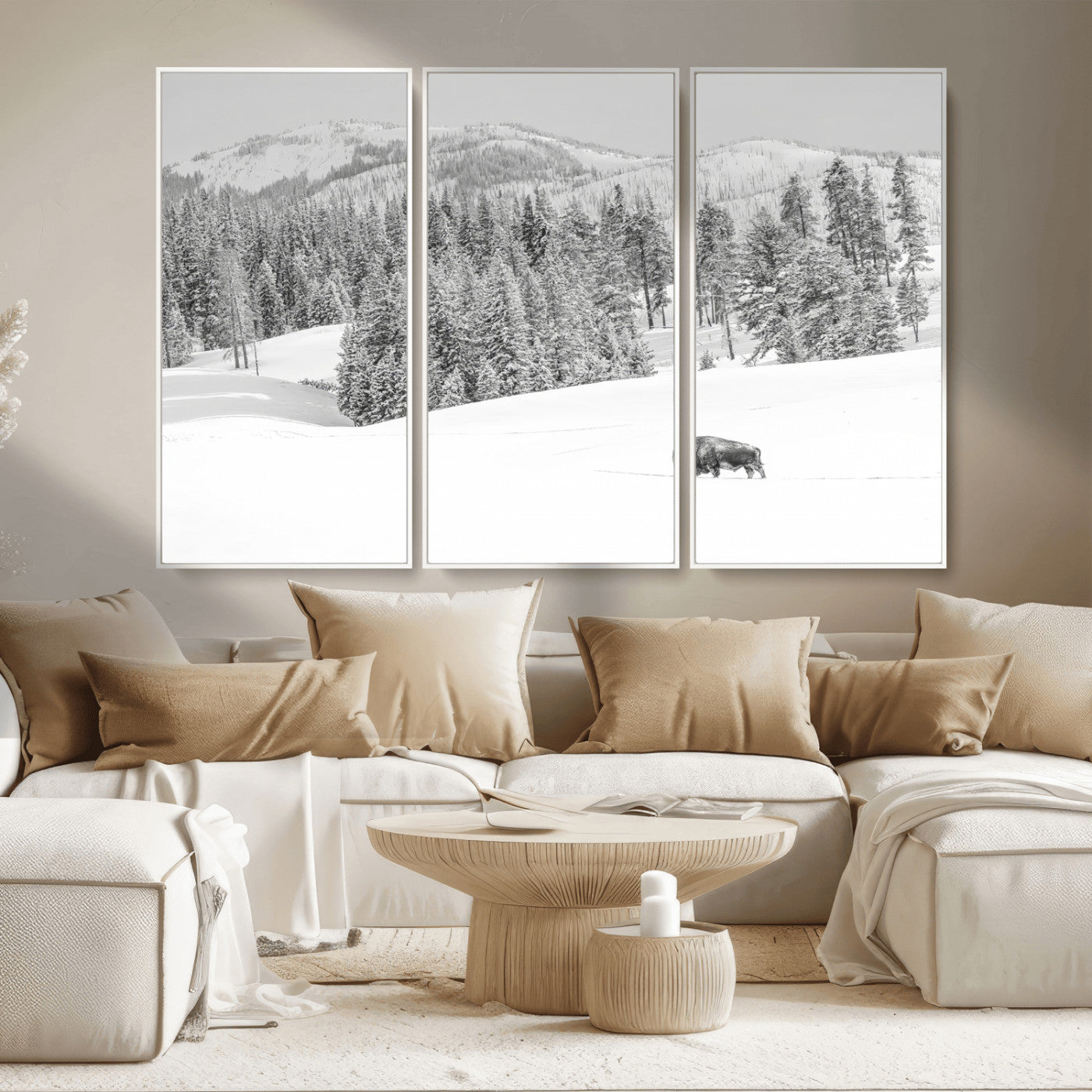 68081143-MGV-CV-36X24-Snowy Bison Wall Art Canvas Print, Framed Winter Forest Art Picture Print, Lone Bison Perfect Monochrome Winter Wild Decor Artwork