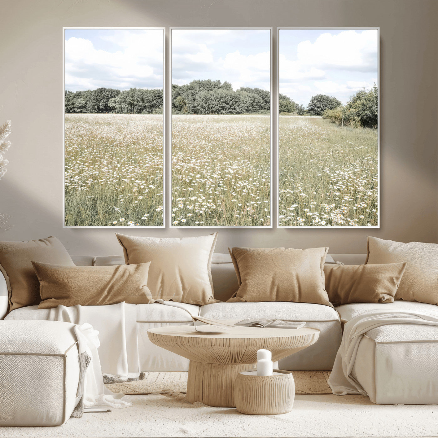 43258946-MGV-CV-36X24-Daisy Field Wall Art Canvas Print, Framed Pastel Flower Art Picture Print, Meadow Bloom Perfect Scandinavian Minimalist Decor