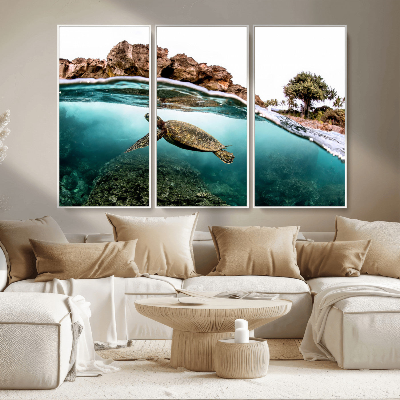 44200301-MGV-CV-36X24-Sea Turtle Swim Wall Art Canvas Print, Framed Ocean Life Art Picture Print, Tropical Shoreline Perfect Tropical Coastal Decor