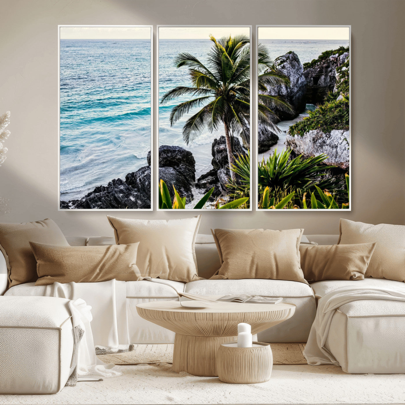 94669907-MGV-CV-36X24-Tropical Coastline Wall Art Canvas Print, Framed Palm Tree Art Picture Print, Rocky Beach Perfect Tropical Coastal Decor Artwork