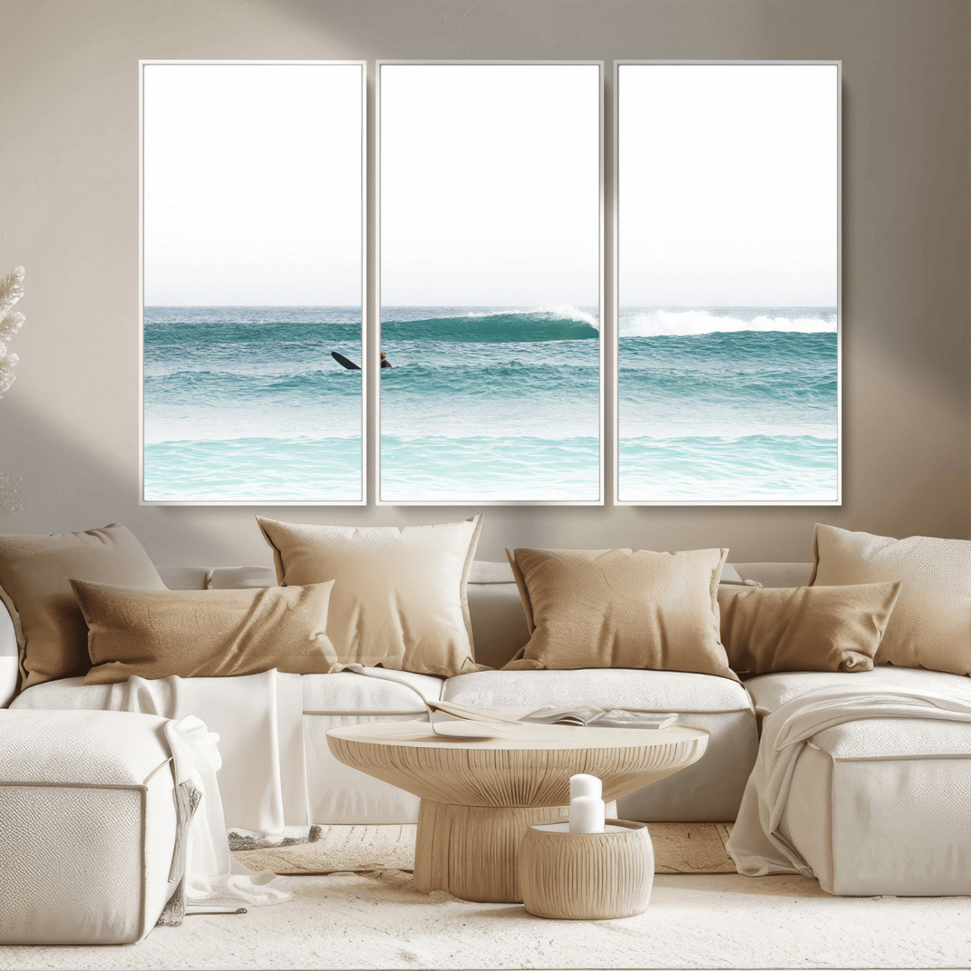 56345117-MGV-CV-36X24-Minimalist Surfing Wall Art Canvas Print, Framed Ocean Waves Art Picture Print, Soft Ocean Perfect Minimalist Coastal Decor