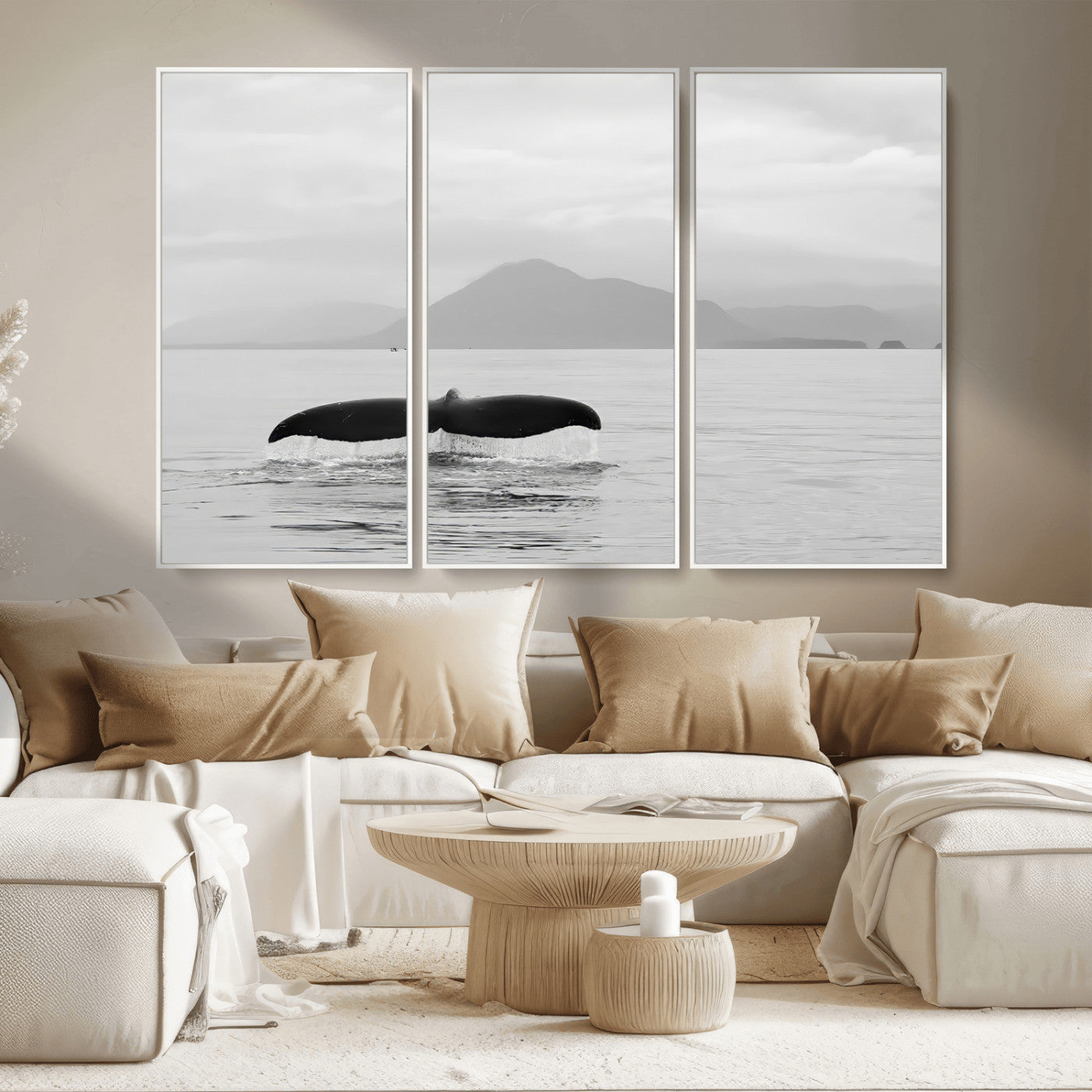 30524220-MGV-CV-36X24-Whale Tail Wall Art Canvas Print, Framed Black White Ocean Art Picture Print, Calm Marine Perfect Minimalist Coastal Decor Artwork