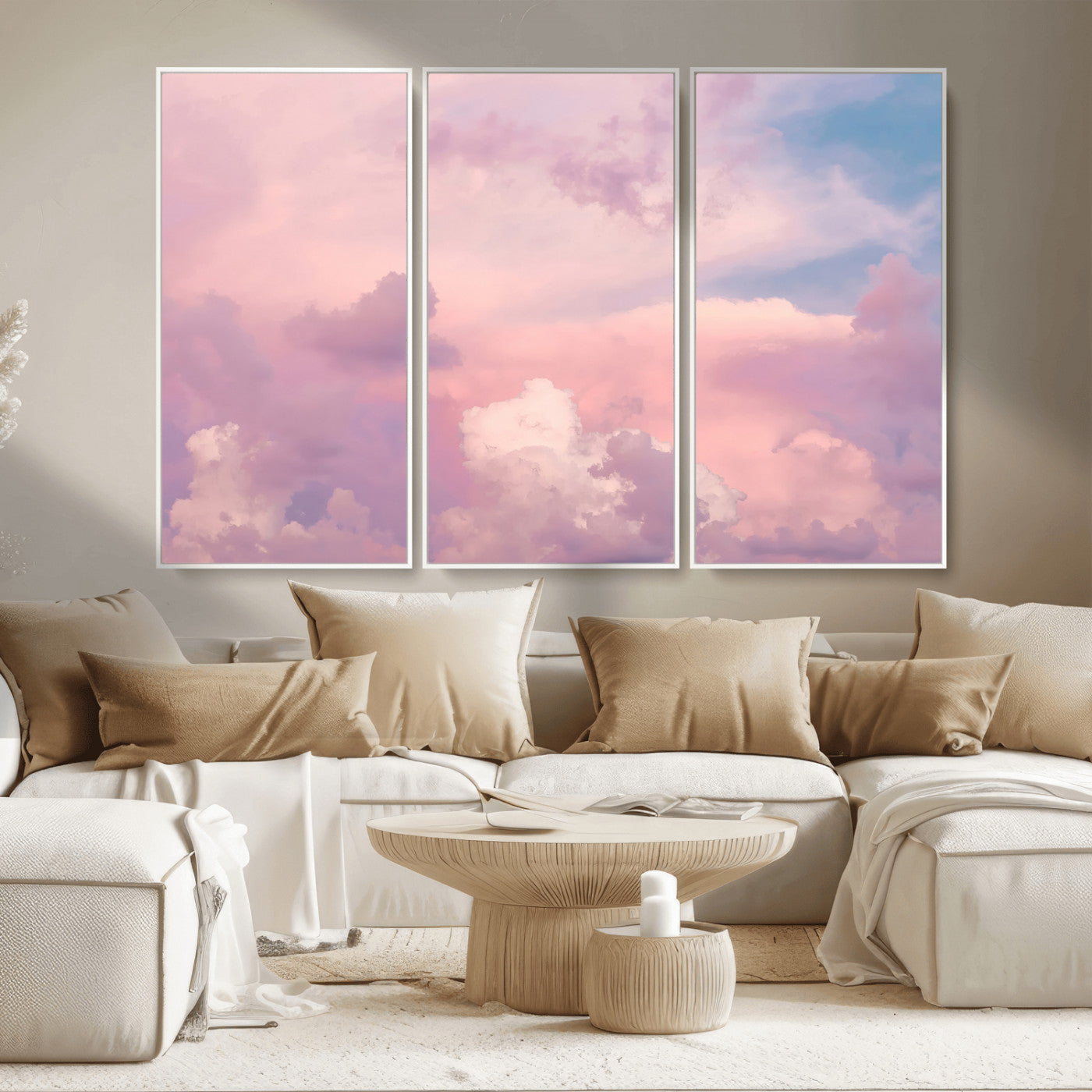 22874890-MGV-FC-48X32-3P_White-Pastel Sky Wall Art Canvas Print, Framed Dreamy Cloudscape Art Picture Print, Sunset Glow Perfect Minimalist Serenity Decor