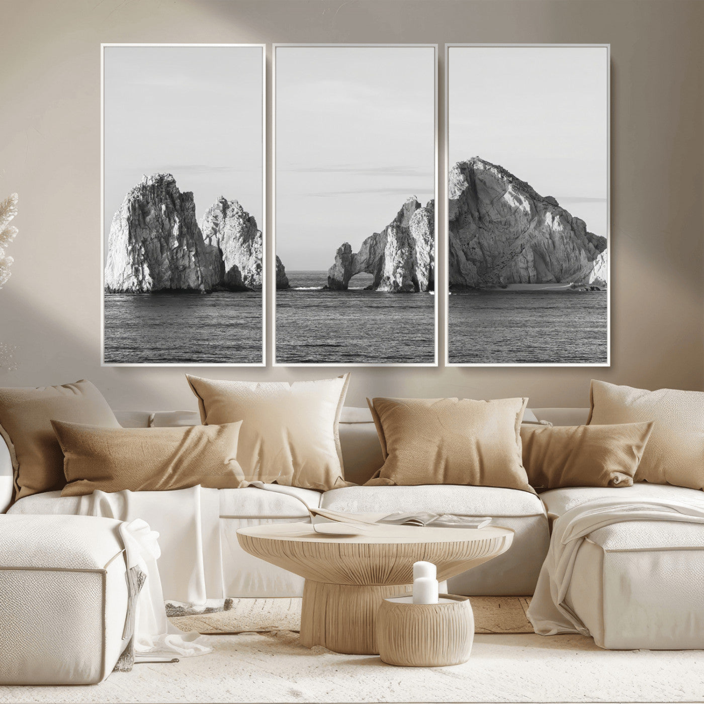 18810731-MGV-CV-36X24-Rugged Coastline Wall Art Canvas Print, Framed Ocean Cliffs Art Picture Print, Monochrome Seascape Perfect Coastal Minimalist