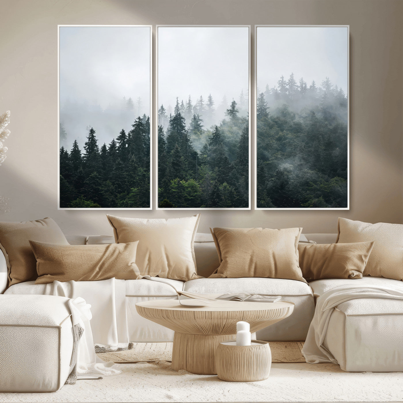 84146572-MGV-CV-36X24-Foggy Pine Trees Wall Art Canvas Print, Framed Forest Nature Art Picture Print, Evergreen Forest Perfect Scandinavian Minimalist