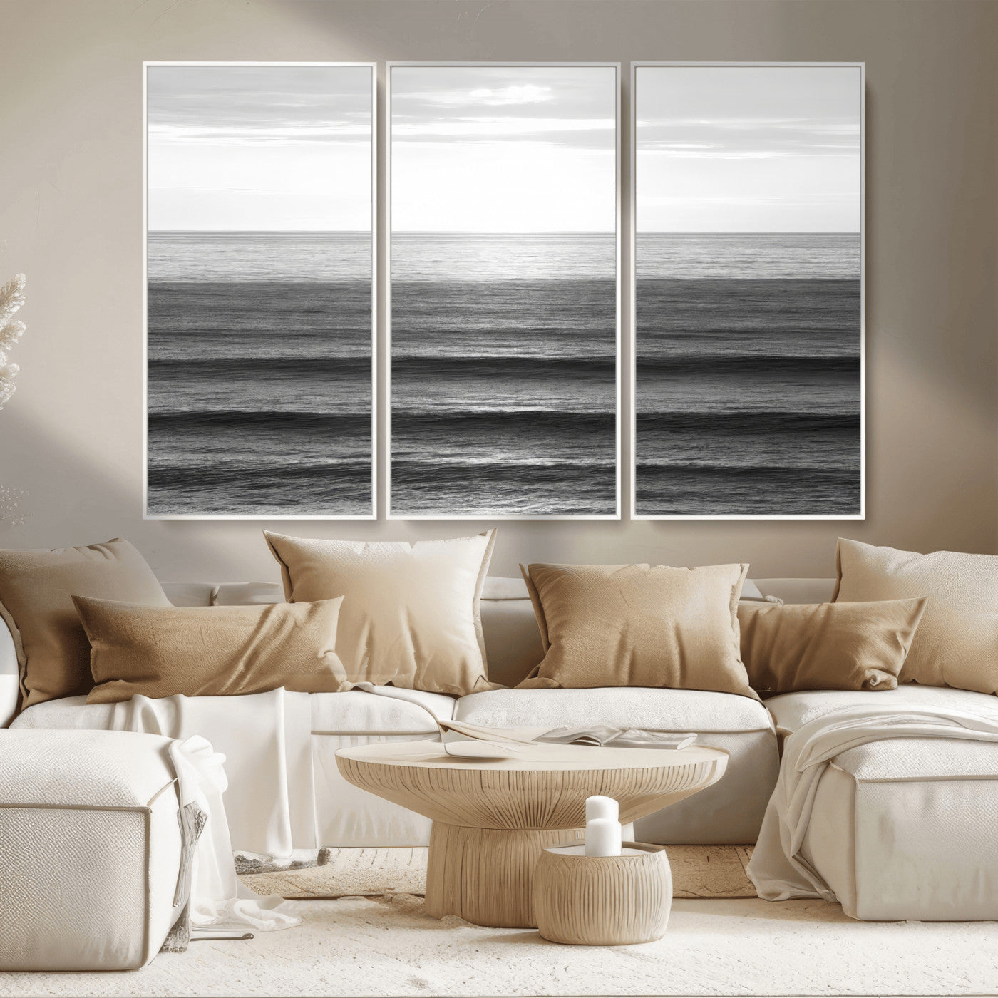 47305203-MGV-CV-36X24-Monochrome Ocean Wall Art Canvas Print, Framed Moody Ocean Art Picture Print, Calm Ocean Perfect Minimalist Coastal Decor Artwork