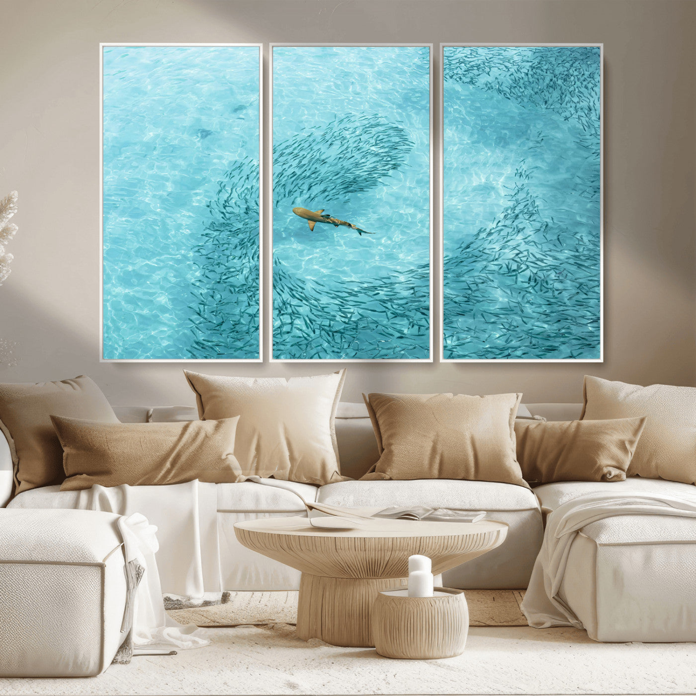 43671474-MGV-CV-36X24-Fish Swarm Wall Art Canvas Print, Framed Marine Life Art Picture Print, Shark Aerial Perfect Wildlife Coastal Decor Artwork