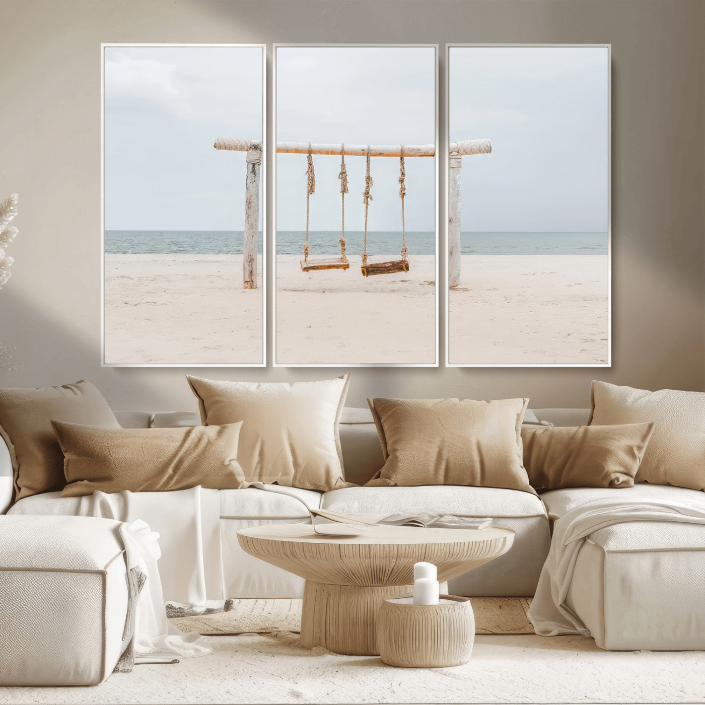 68327283-MGV-CV-36X24-Beach Swing Wall Art Canvas Print, Framed Quiet Beach Art Picture Print, Calm Shoreline Perfect Bohemian Coastal Decor Artwork